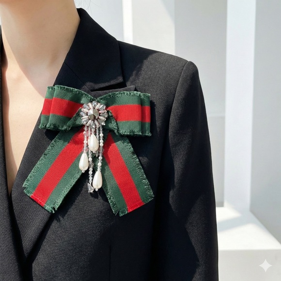 Gucci Jewelry - Gucci Green / Red Web Grosgrain Bow Brooch with Crystals & Pearls
